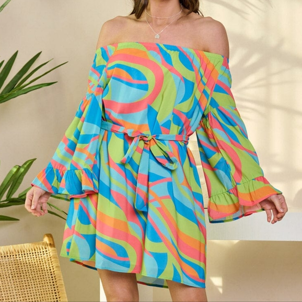 Kaleidoscope Dreams Colorful Off-Shoulder Dress